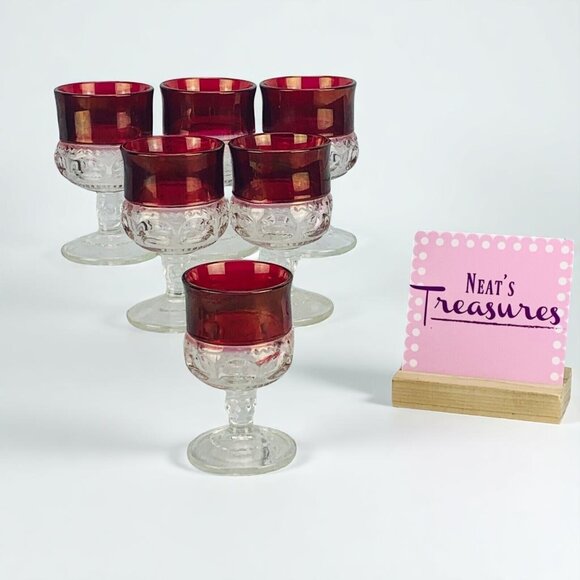 Tiffin Franciscan KINGS CROWN Ruby Flash Thumbprint Juice Goblet Glass Set 6 - Picture 1 of 10